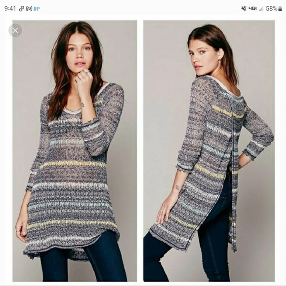 Free People Life's A Beach Open Knit Split Back Long Sleeve Top Sz Small - Picture 1 of 15